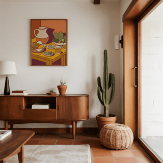 Taco Art Print on a wall above a sideboard with a cactus plant in a bright living room