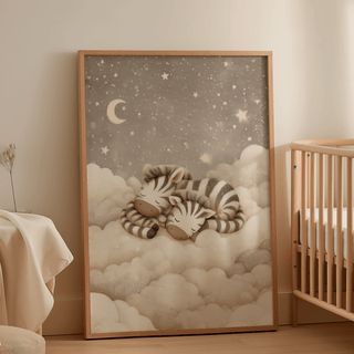 Zebra nursery art print leaning on the floor showing two sleeping baby zebras on clouds beside a wooden cot