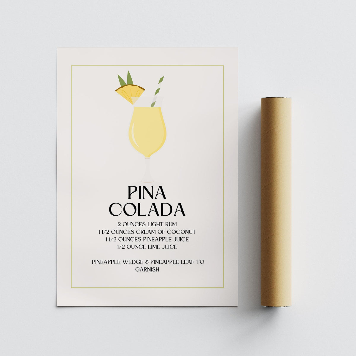 Minimalist typographic print of a pina colada cocktail recipe with a packaging tube nearby