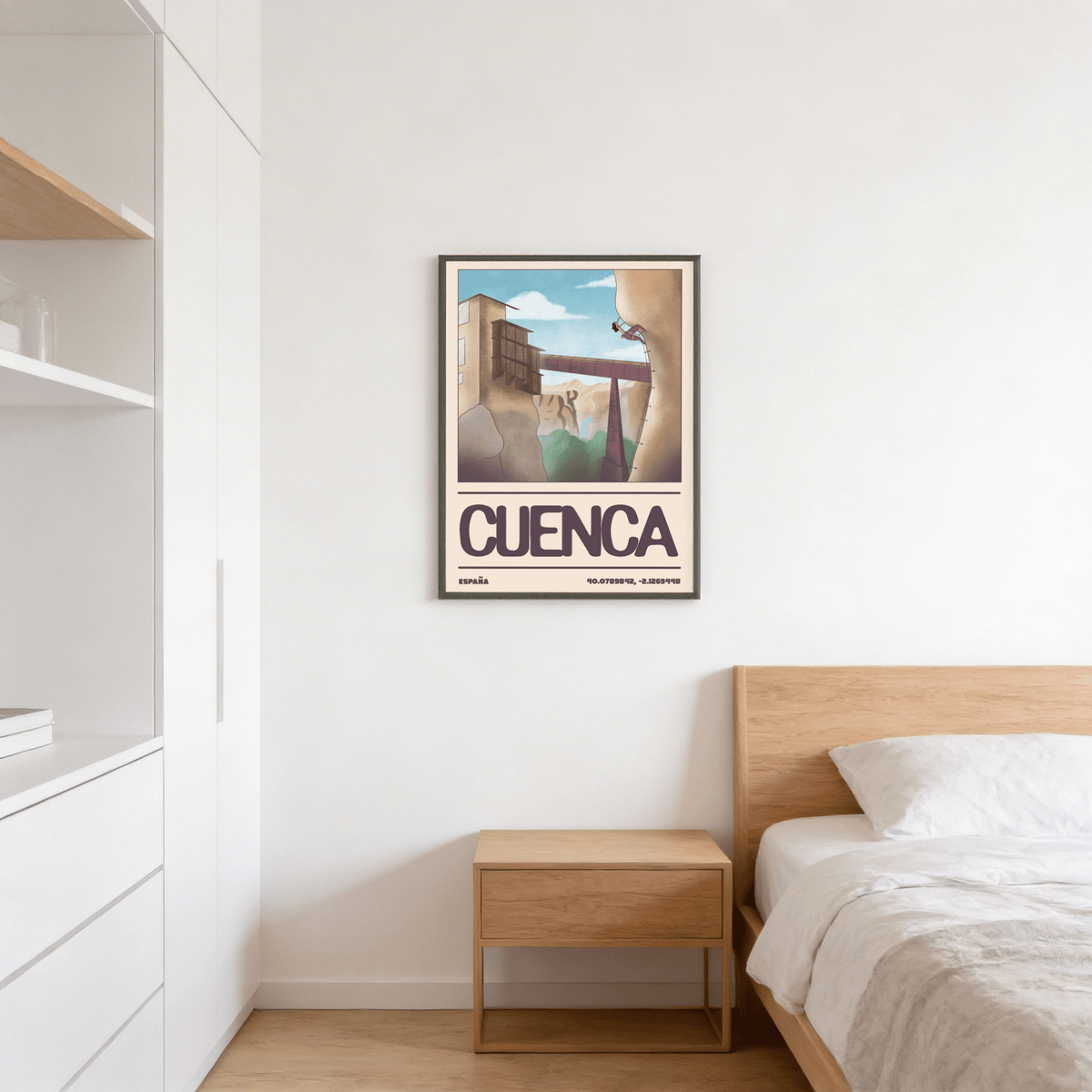 Rock Climbing Poster print of a minimalist climber on a cliff with beige and blue tones in a bedroom above a wooden bedside table