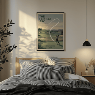Golf Course wall art showing a golf swing arc in muted green and blue tones above a bed with striped cushions