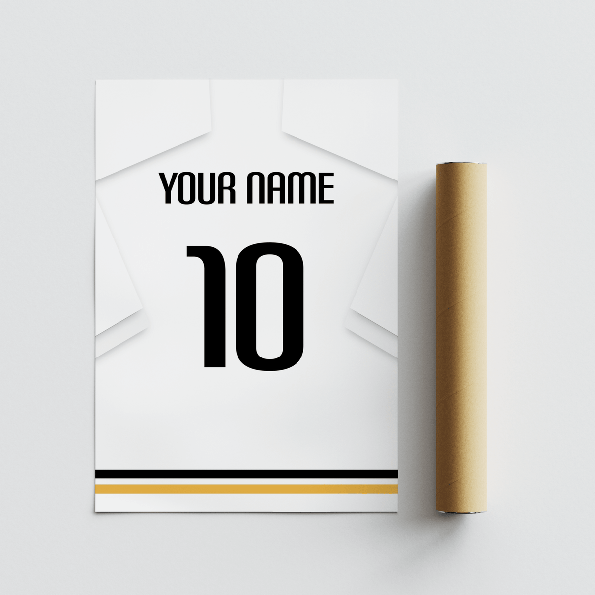 Custom football shirt poster in all white with black number 10 and packaging tube on grey background