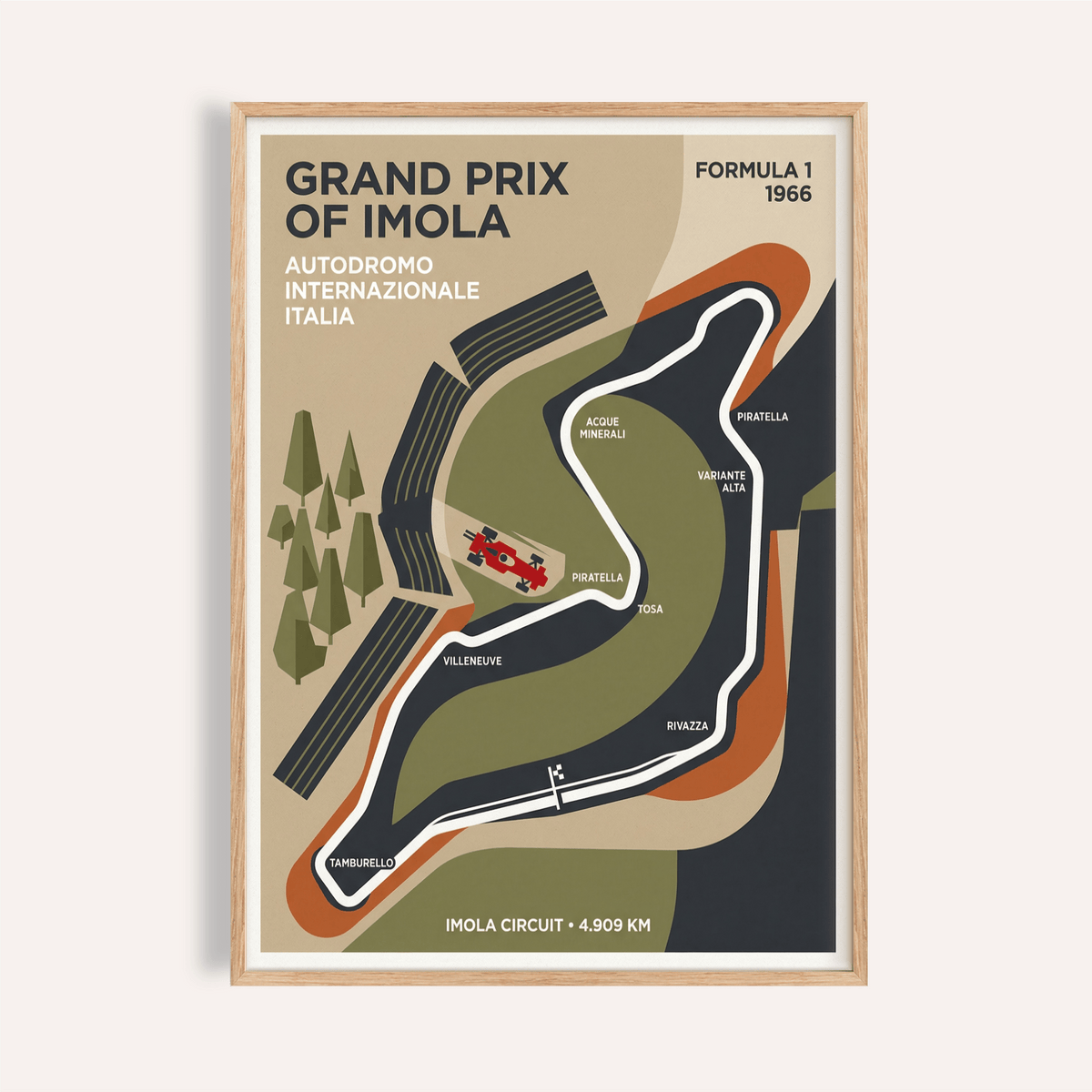 Framed print close-up of Imola Circuit Map Poster with minimalist earthy colours and a red race car
