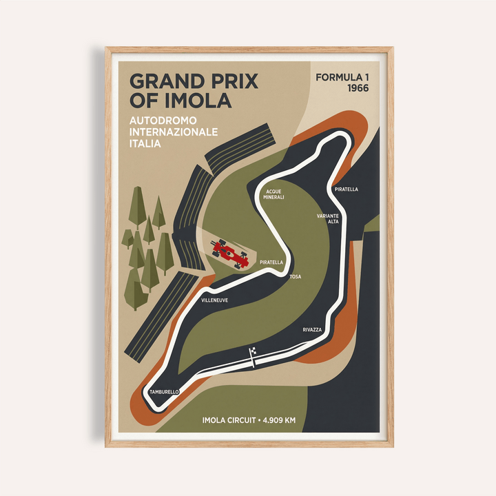 Framed print close-up of Imola Circuit Map Poster with minimalist earthy colours and a red race car