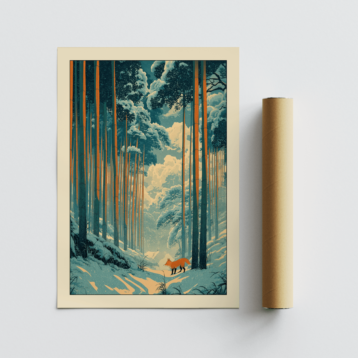 Japanese Fox Woodblock Print of a red fox in a tall snowy forest beside a packaging tube