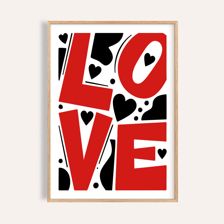 Framed close-up of Typography Love Poster with bold red and black letters and hearts
