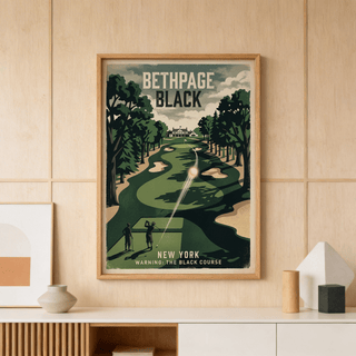 Framed print of New York Golf Course showing golfers on a green fairway in a vintage style above a cabinet