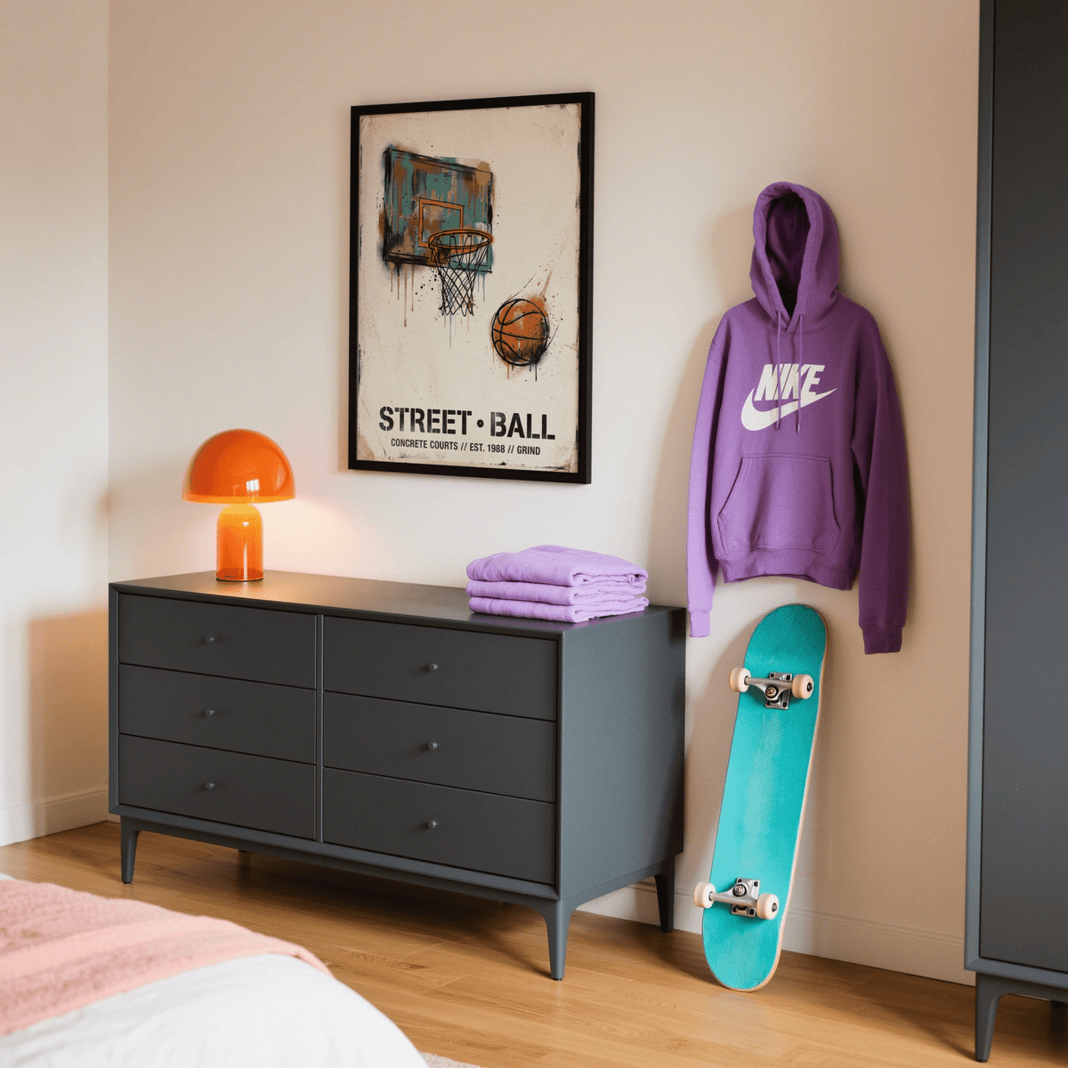 Street basketball art print in black frame above grey chest next to skateboard and purple hoodie