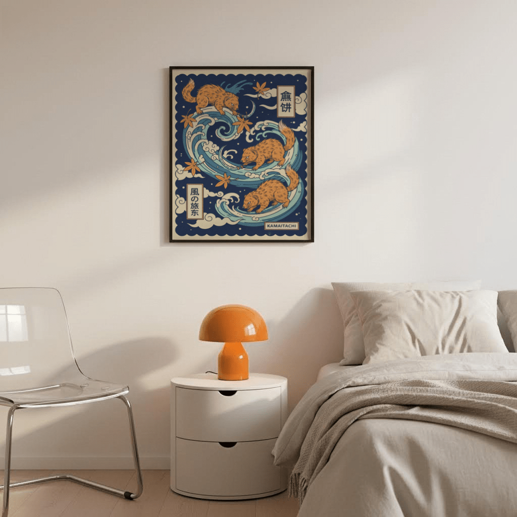Kamaitachi art framed print with orange creatures and blue swirls above a bedside table with an orange lamp