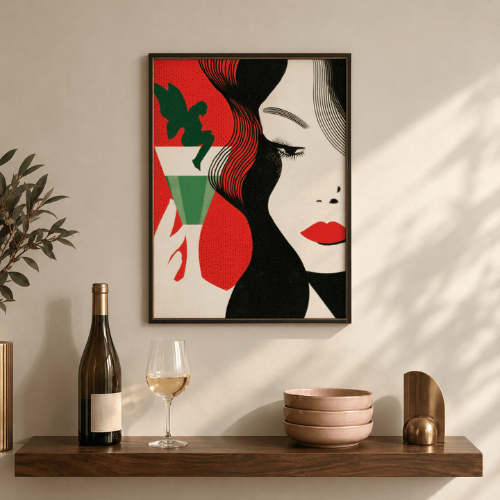 Art Deco Cocktail Woman print of a woman with a red lip and green drink above a shelf with a wine bottle and glass