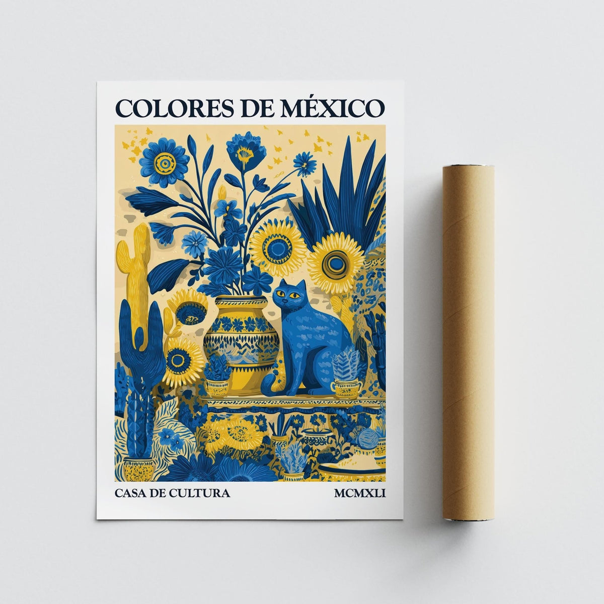 Otomi wall art print with blue cat and yellow sunflowers next to packaging tube