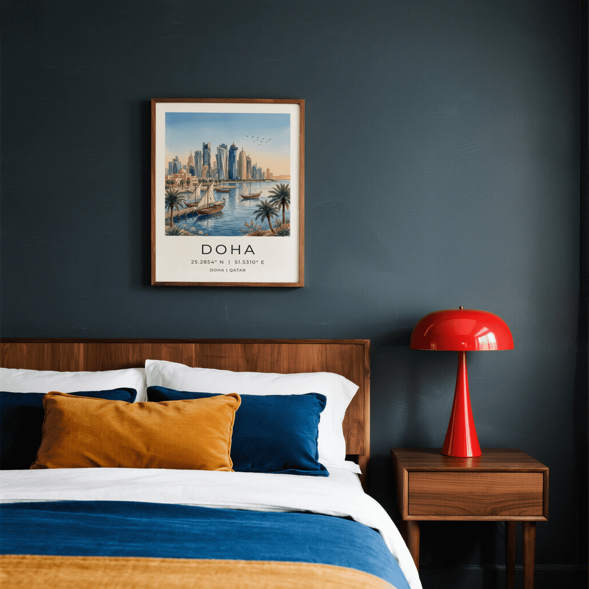 Doha City Art Print on a dark grey wall above a bed with blue and ochre cushions and a bedside table with a red lamp