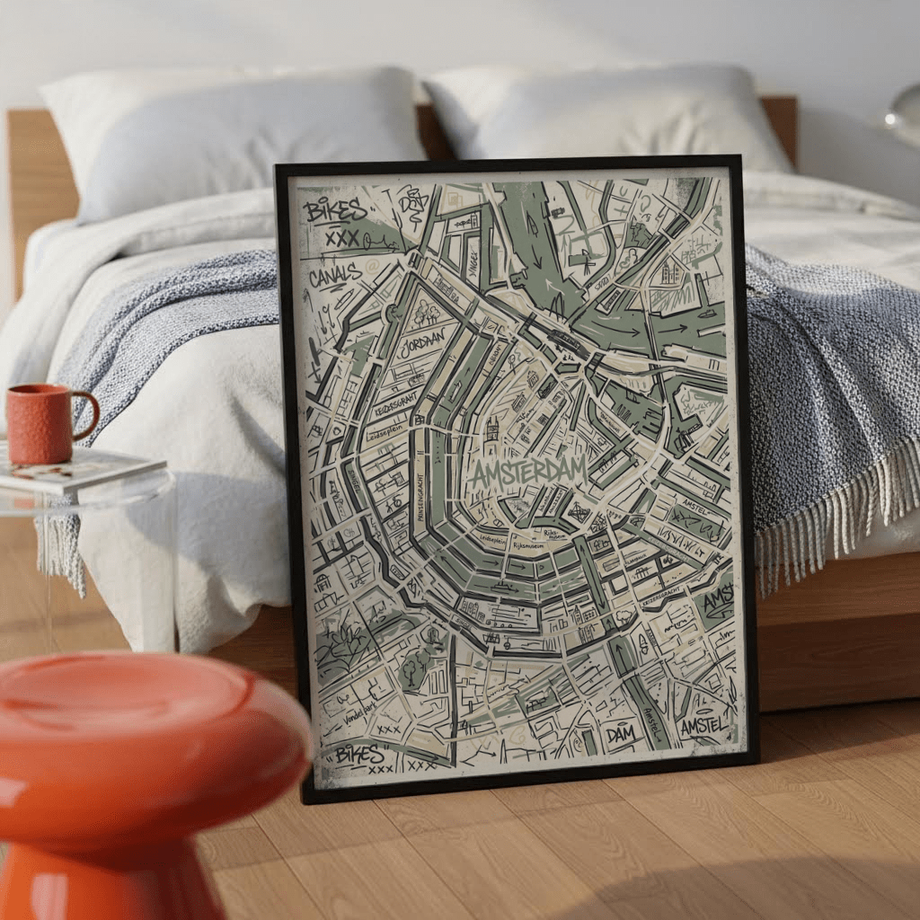 Amsterdam Map Art Print leaning on floor near a bed with blue and white throw and orange side table