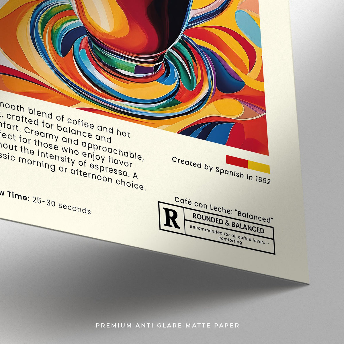 Detail close-up of cafe con leche art showing text and colour swatches on matte paper
