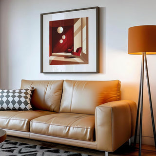 Architectural Interior Art framed print in a neutral room above a tan leather sofa and beside an orange floor lamp
