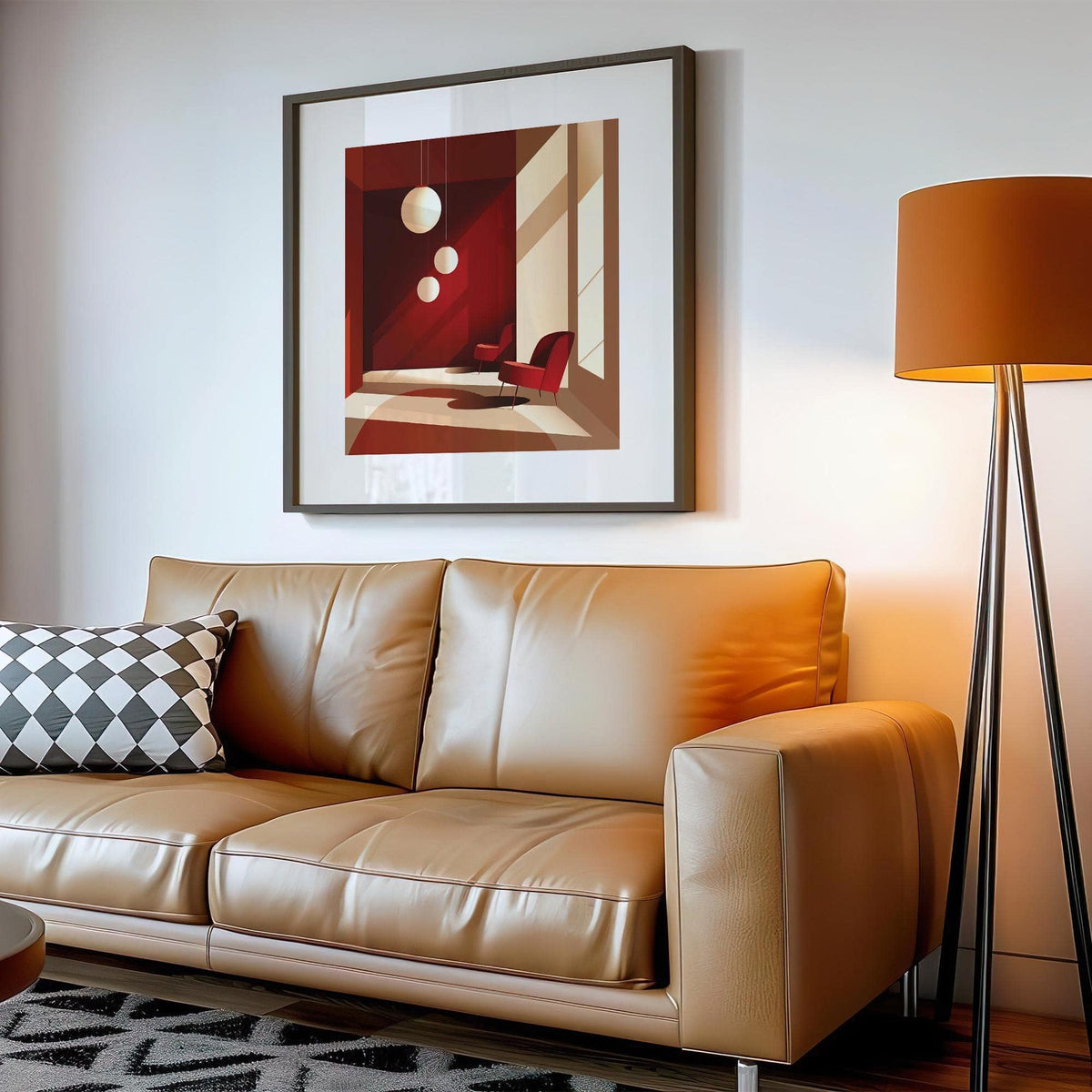 Architectural Interior Art framed print in a neutral room above a tan leather sofa and beside an orange floor lamp