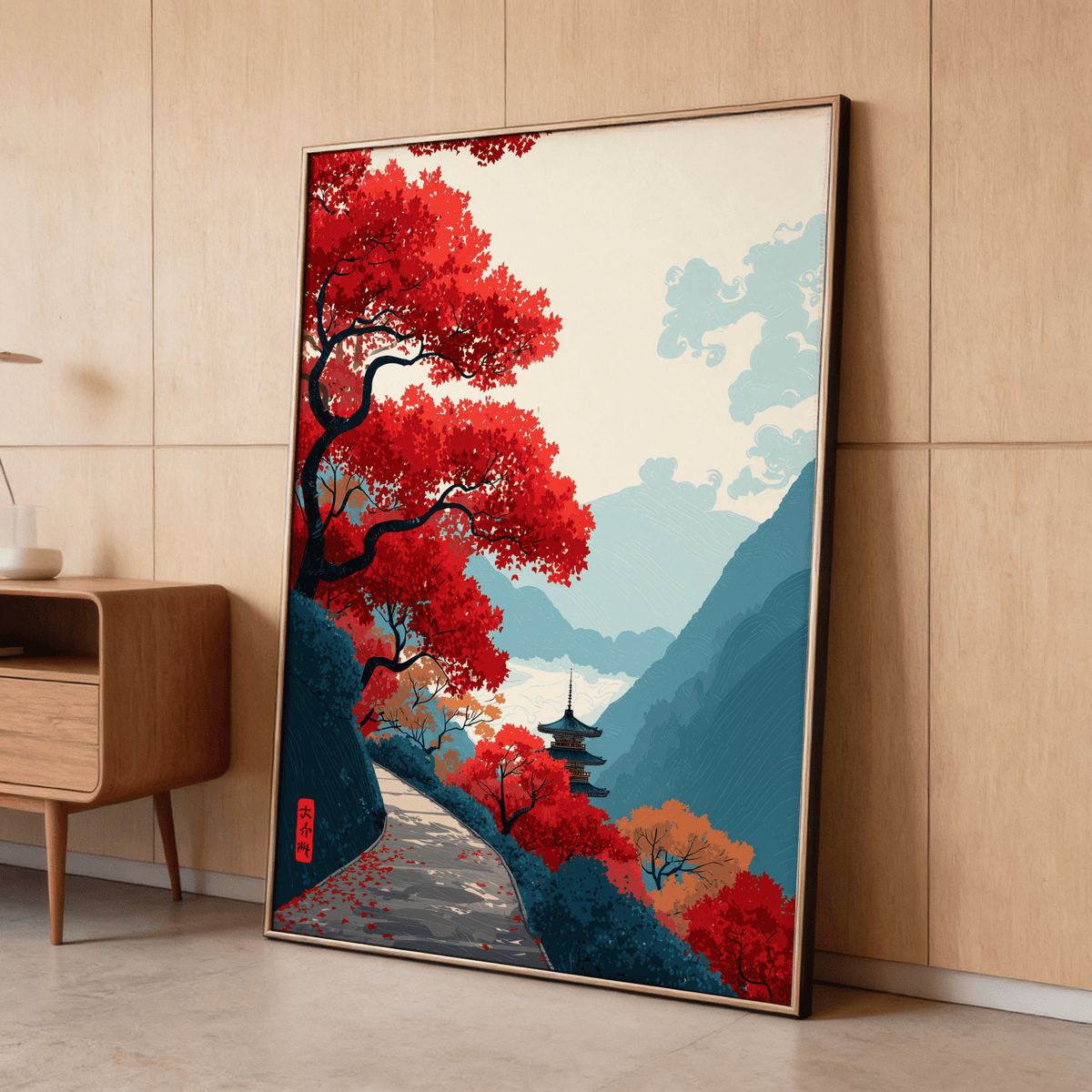 Zen Mountain Poster framed print leaning on floor showing red maple tree and mountain path in Japanese woodblock style