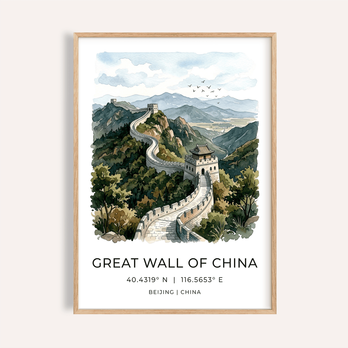 Great Wall Of China art print watercolour illustration with mountains and birds in a wooden frame