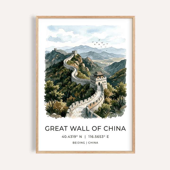Great Wall Of China art print watercolour illustration with mountains and birds in a wooden frame