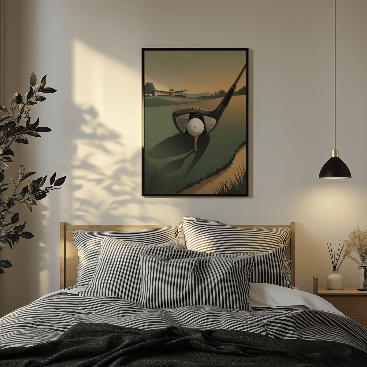 Golf Driver Art Print showing a golf driver and ball with green tones above a wooden bed