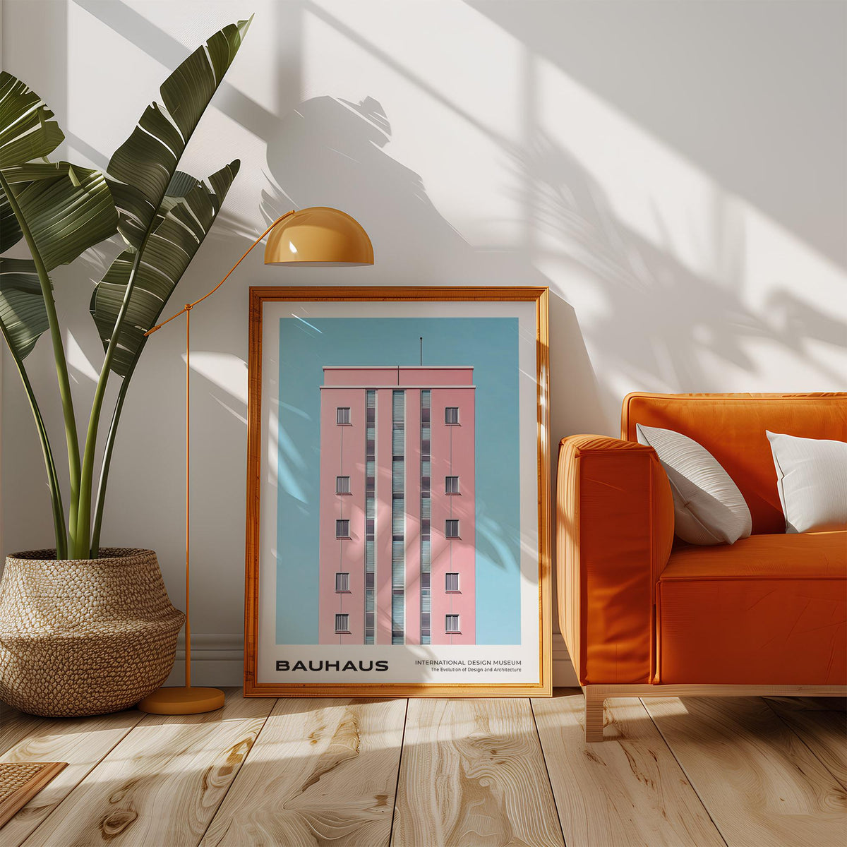 Print leaning on a floor next to an orange sofa of a pink building facade against a blue sky with a large plant nearby