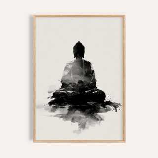 Framed Spiritual Poster of a meditating Buddha silhouette in black and grey watercolour