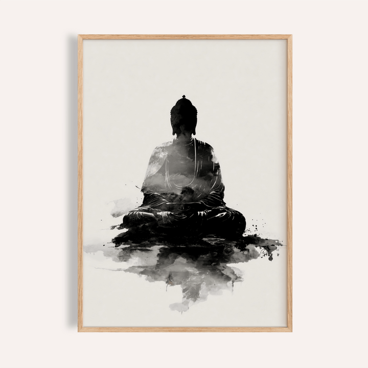 Framed Spiritual Poster of a meditating Buddha silhouette in black and grey watercolour