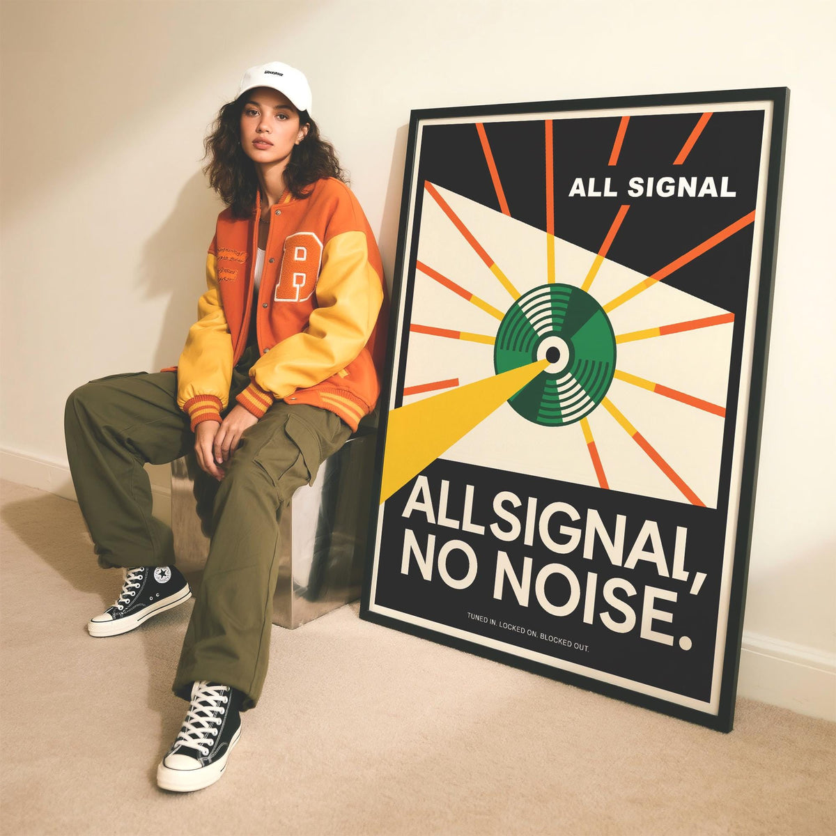 Vinyl Record Poster leaning on a floor with typographic and abstract radar design next to a seated person