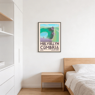 Framed Helvellyn Cumbria wall art of a mountain hiker in green and blue tones above a wooden bedside table