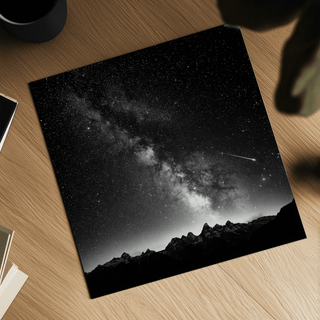 Milky Way Print laid on a wooden table showing stars and galaxy in black and white with mountain silhouette