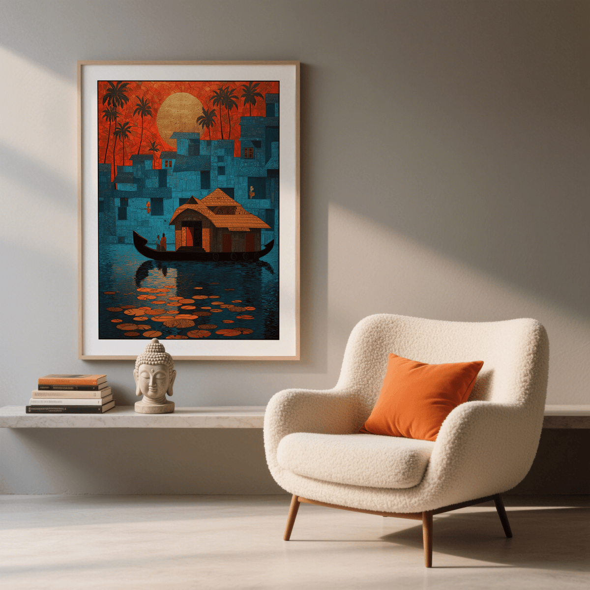 Kerala wall art of a houseboat with blue buildings and orange sun above a grey stone shelf with Buddha head