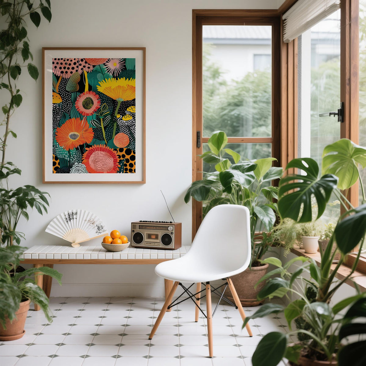 Print on a wall of colourful abstract flowers with green leaves in a bright room with plants