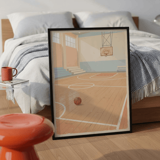 Framed Vintage Basketball Wall Art with pastel orange and blue colours leaning on a wooden floor near a red stool