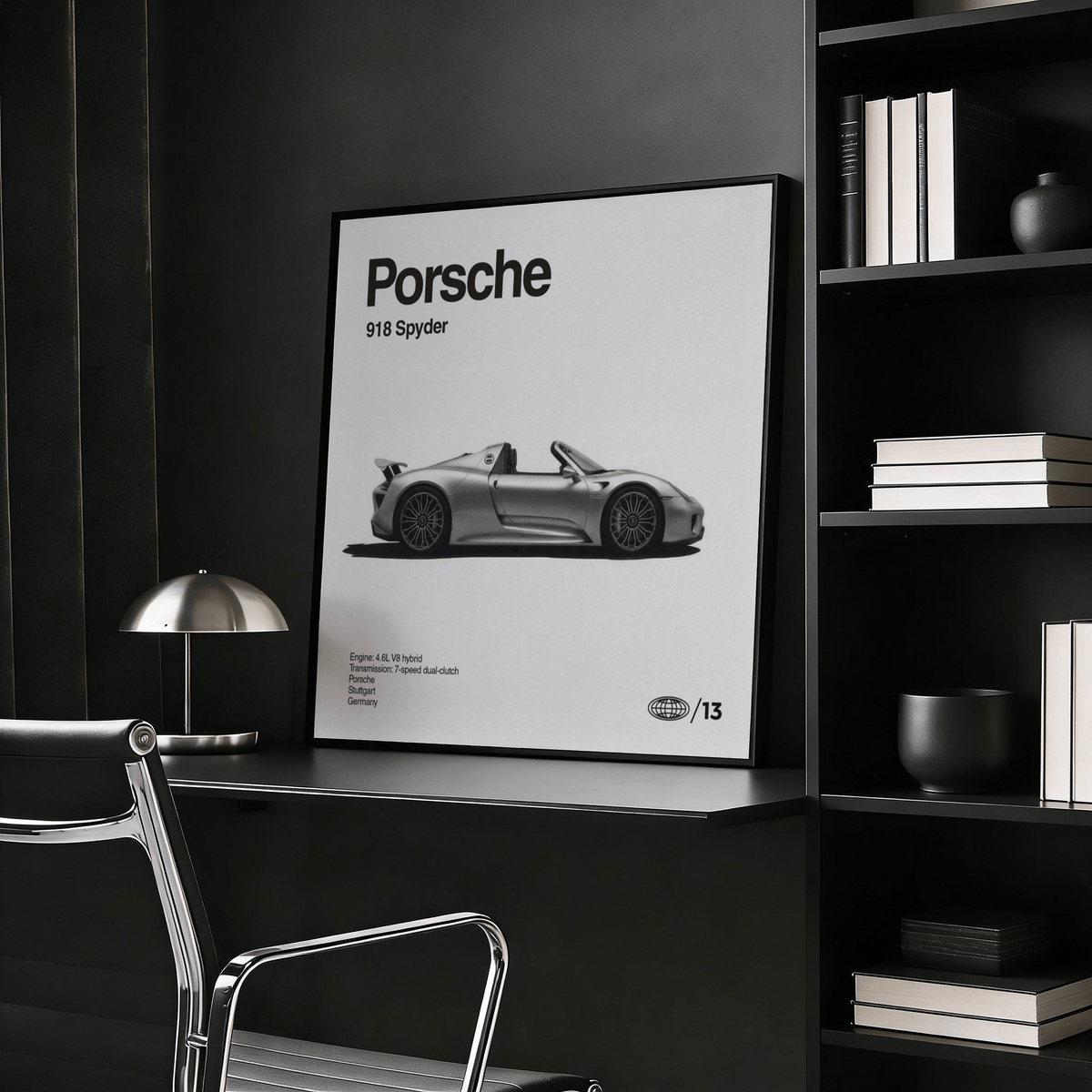 Close-up of silver sports car side profile graphic in black and grey tones
