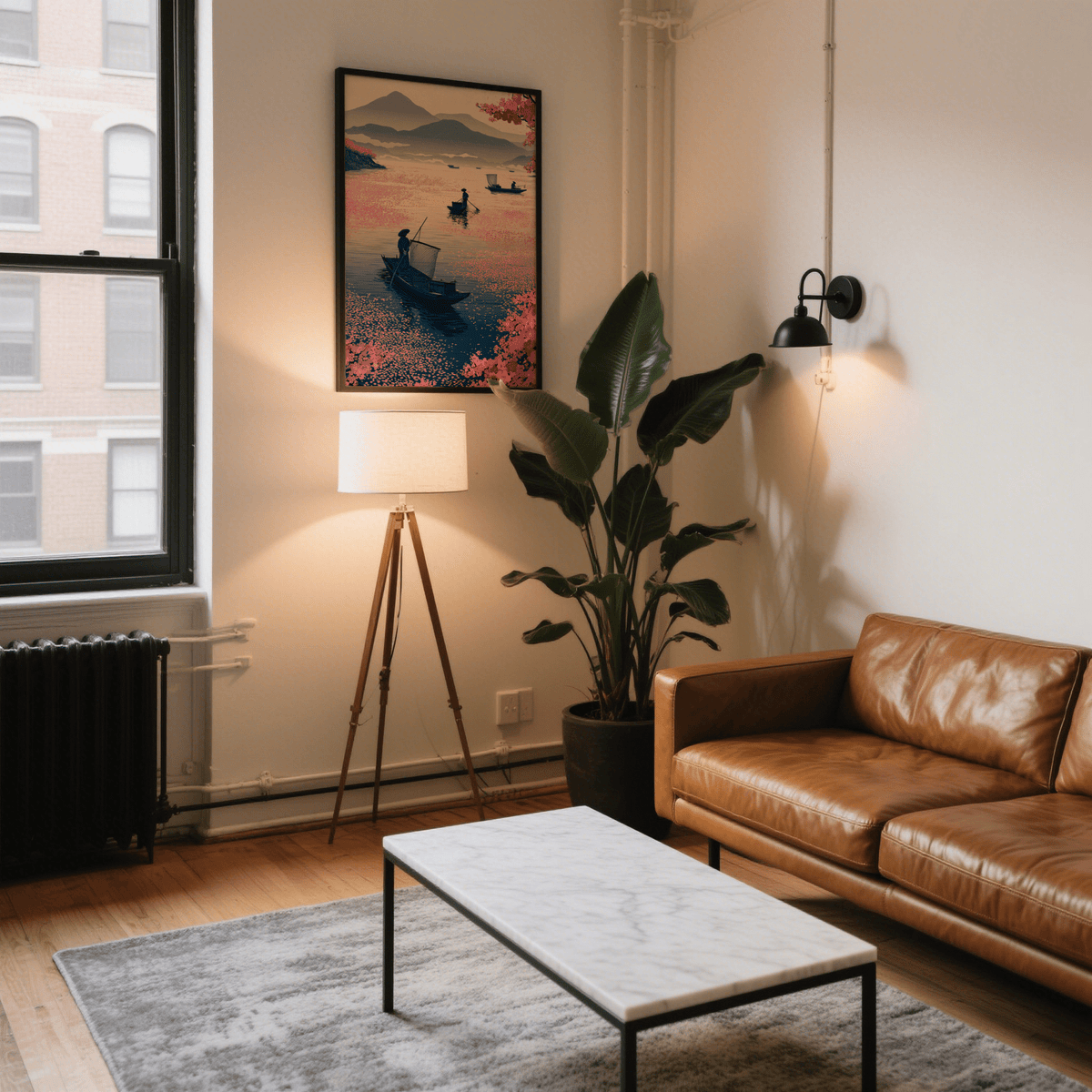 Zen Fishing Poster print showing fishing boats with pink blossoms above a leather sofa in a living room