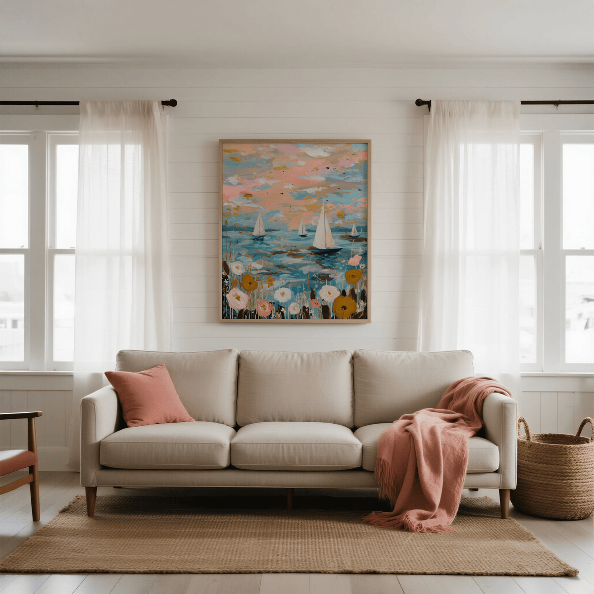 Sailboat wall art in soft pink and blue tones above a cream sofa with a pink throw in a bright living room