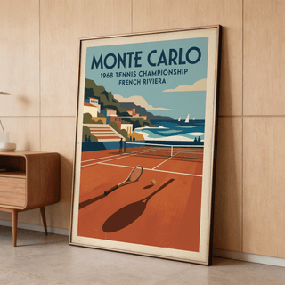 Tennis Championship art print leaning on a wall with retro tennis court illustration and blue sky