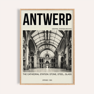 Framed Antwerp Central Station art print with black text and architectural photo in monochrome