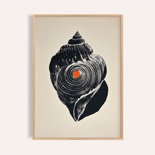 Framed Shankha art print of black sea shell with orange dot on cream background