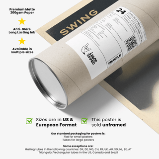 Packaging tube lying on a retro golf tee shot art print with beige and dark tones