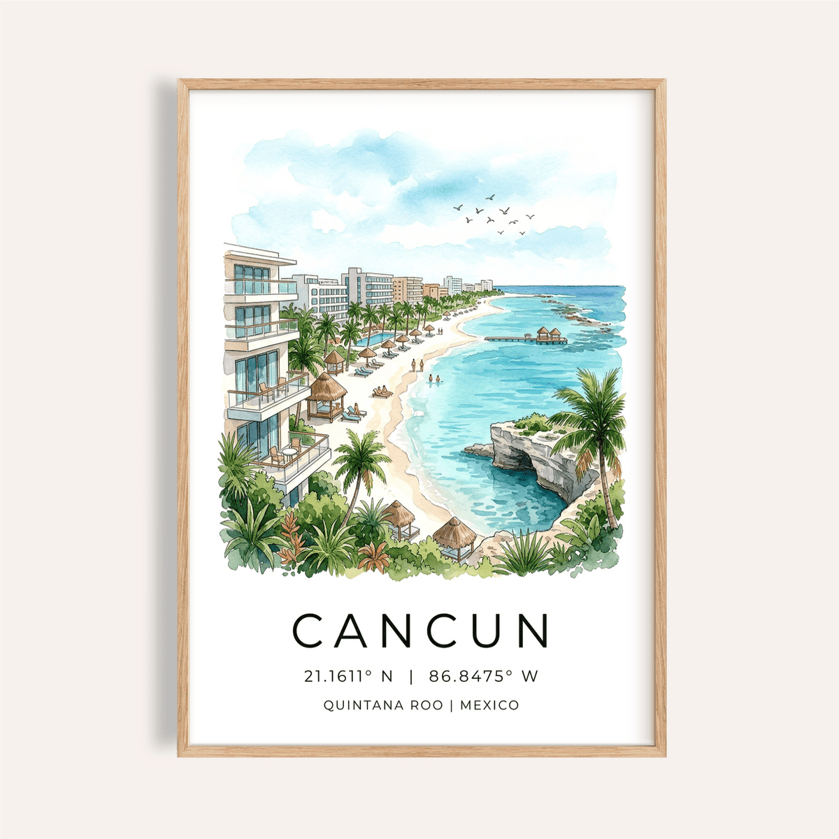 Framed Cancun Beach Art Print with blue watercolour sky and turquoise sea