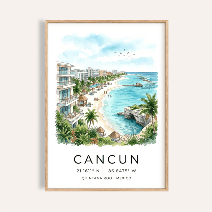 Framed Cancun Beach Art Print with blue watercolour sky and turquoise sea