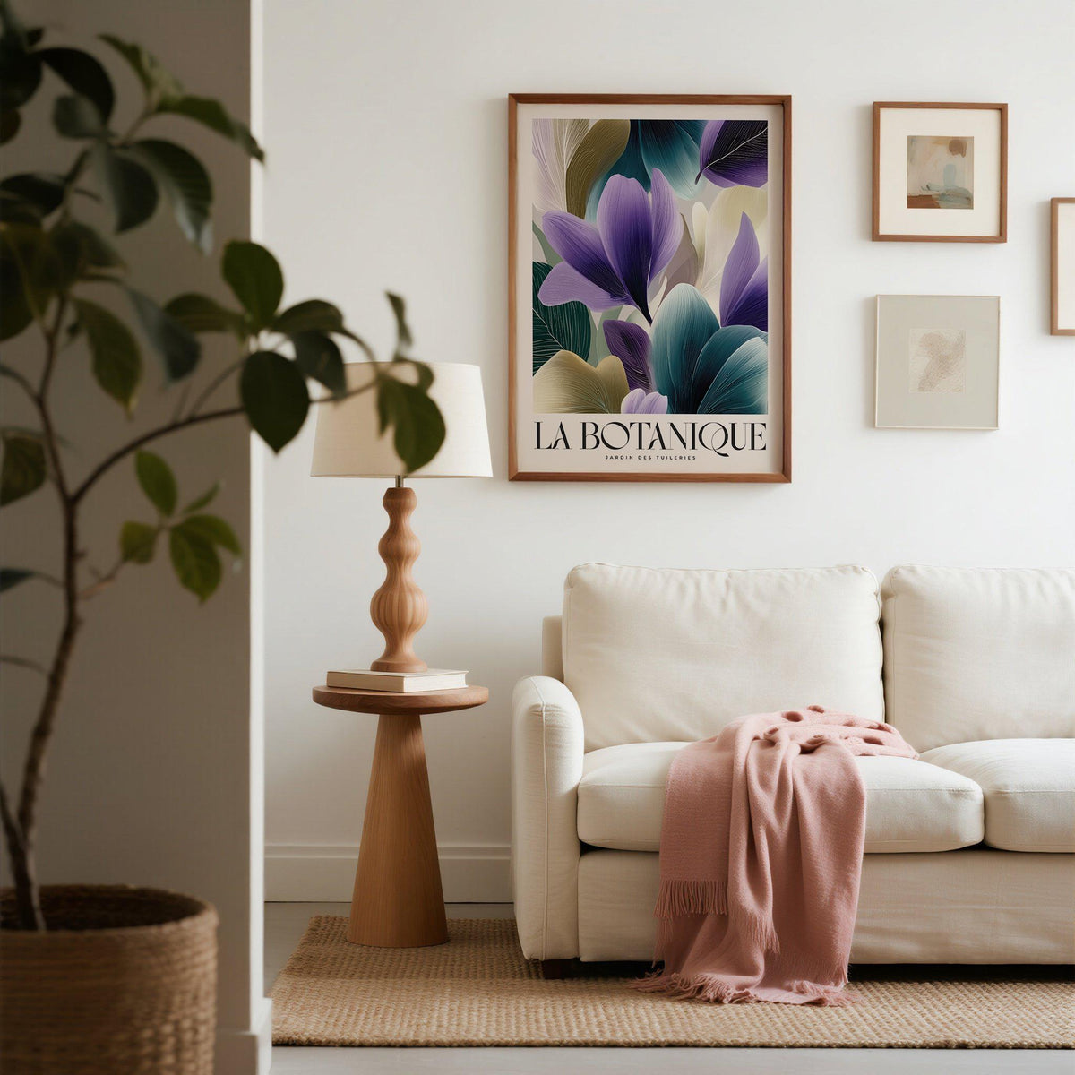 Plant poster of violet flower petals in a minimalist style above a sofa in a living room