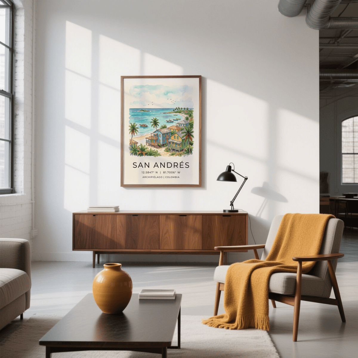 San Andres art print of San Andrés beach houses in watercolour style in a light living room above a sideboard