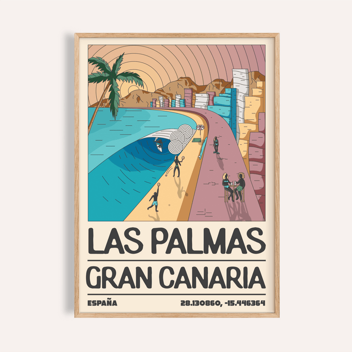 Framed print close-up of Las Palmas Art Print illustrating a retro Las Palmas beach scene with blue sea and colourful buildings