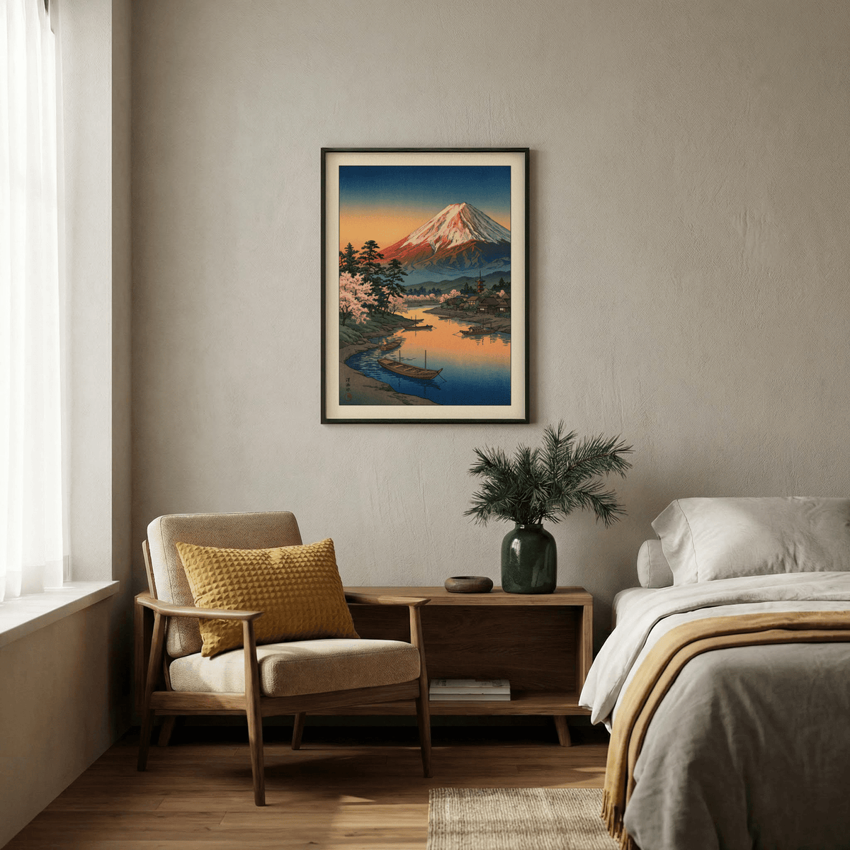 Mount Fuji Sunset Poster print on a bedroom wall with a green vase and chair