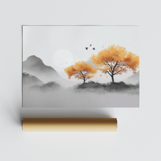 Rolled print of autumn tree wall art with orange leaves and grey mountain mist