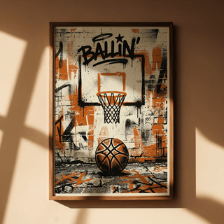 Framed urban basketball print of a hoop and ball with orange and black graffiti style on a cream background