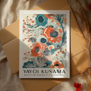 Flat lay of Teal and Orange wall art with botanical illustration on fabric and envelope