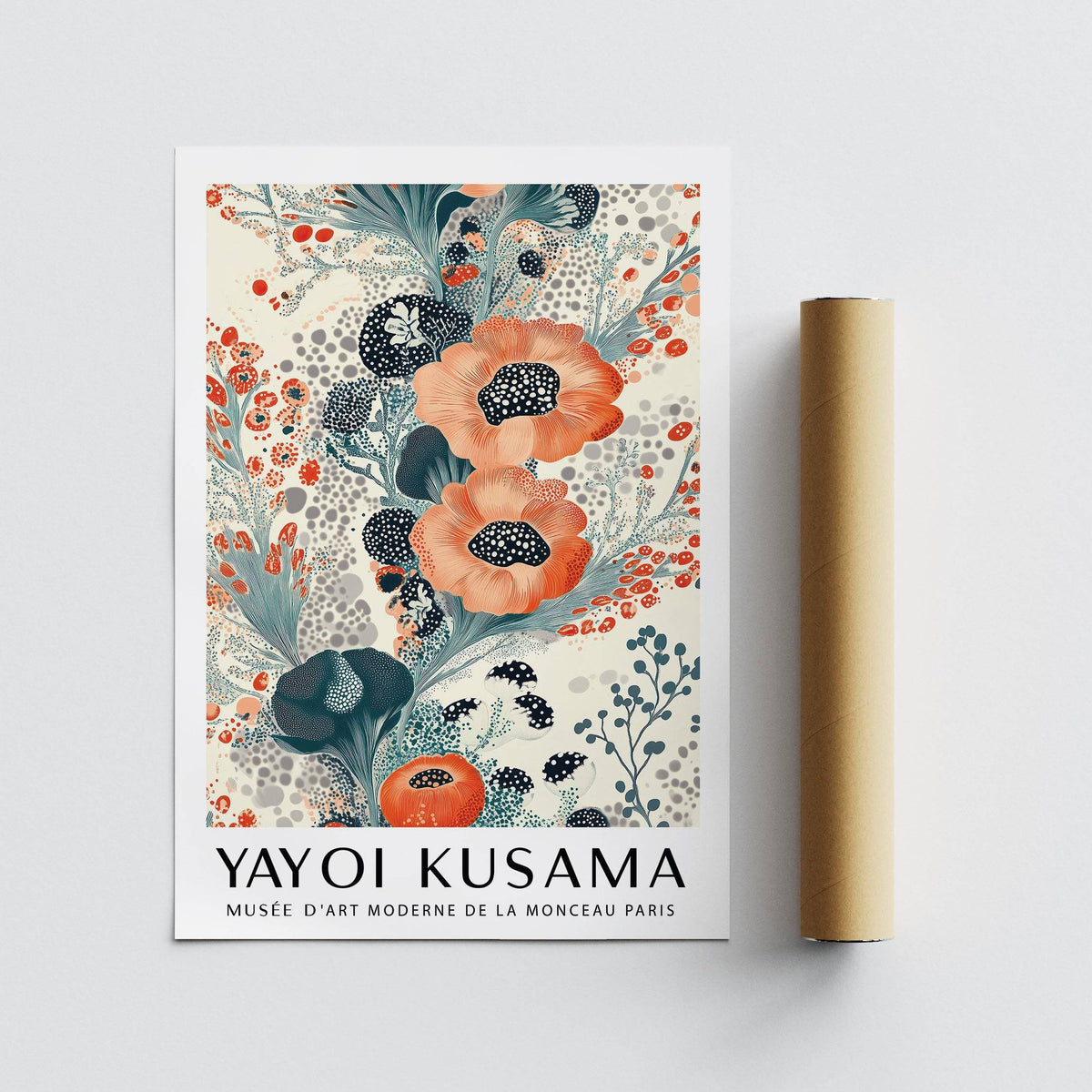 Floral poster wall art showing stylized orange and blue flower blooms with a packaging tube